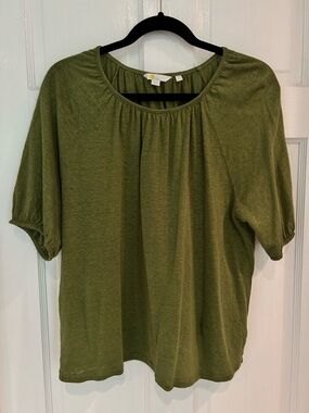 Boden Half Sleeve Gathered Crewneck Top Linen Knit Olive Green